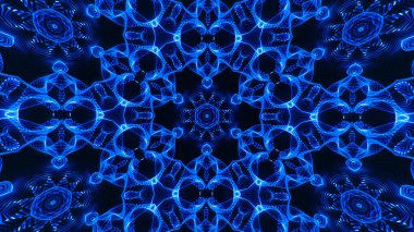 Soyut güzel çok renkli kaleydoskop arkaplanı. Psikedelik mavi geometrik şekiller. Güzel çok renkli kaleydoskopik doku. Eşsiz kaleydoskop tasarımı.