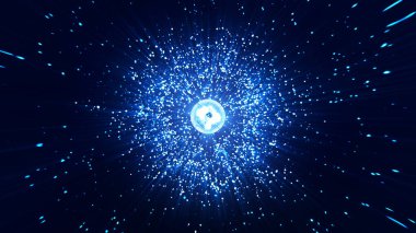 Bilimsel bir astronomik tema üzerine soyut alan arkaplanı. Yıldızlı karanlık arka plan ve ortası aydınlık. Mavi arkaplanda parçacıkların olduğu küre. Gökyüzü ve yıldızlı karanlık bir arkaplan. Vektör illüstrasyonu.