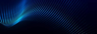 Dijital teknoloji geçmişi. Parlayan noktaların dinamik dalgası. Sunum tasarımı için fütüristik arka plan. Üç boyutlu geniş ekran. Vektör illüstrasyonu.