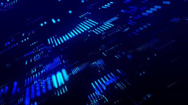 Veri akışı bilgisi. Dijital iletişim konsepti. Parçacık ve çizgi örgülü soyut fütürist bilim kurgu geçmişi. Büyük veri dijital kodu. Bağlantı ve bağlantı konsepti. Vektör illüstrasyonu