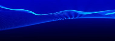 Parlayan noktaların dinamik dalgası. Gelecekçi nokta dalgası. Ağ bağlantısı yapısı. Sunum tasarımı için fütüristik arka plan. Teknoloji ya da bilim afişi. 3 boyutlu geniş ekran. Vektör illüstrasyonu