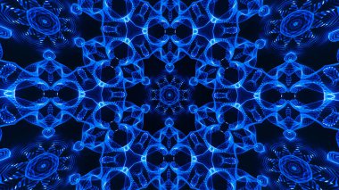 Soyut güzel çok renkli kaleydoskop arkaplanı. Psikedelik mavi geometrik şekiller. Güzel çok renkli kaleydoskopik doku. Eşsiz kaleydoskop tasarımı.