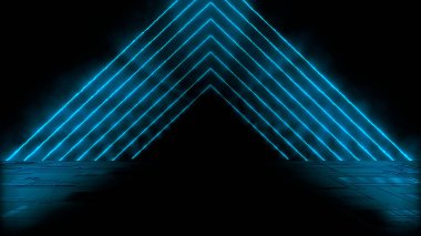 Canlı neon hatları Ateş döngüsü animasyonu. Islak asfalt, gece görüşü. Beton zeminde parlak bir yansıma. Gece boş sahne, stüdyo. Karanlık arka plan. Vektör illüstrasyonu.