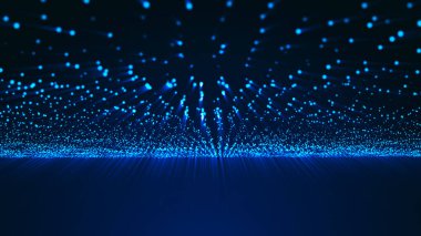 Parlayan noktaların soyut dalgası. Parlak parçacıkların dinamik dalgası. Sunum tasarımı için fütüristik arka plan. 3d vektör illüstrasyonu.