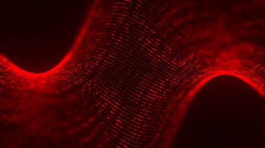 Gelecekçi parçacık dalgası. Soyut teknoloji geçmişi. Dönen parçacık şekilleri. Karanlık arka plan. Büyük veri görselleştirmesi. Vektör illüstrasyonu.