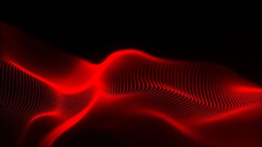 Dijital teknoloji geçmişi. Parlayan noktaların dinamik dalgası. Sunum tasarımı için fütüristik arka plan. Üç boyutlu geniş ekran. Vektör illüstrasyonu.