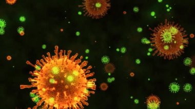 Karanlık arka planda yüzen soyut, parlak renkli virüs hücreleri. 4K 'da soyut 3D yorumlama kavramı. 4k animasyon.