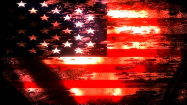 Grunge tarzı Amerikan bayrağı. Siyah arka planda Amerikan bayrağının klasik baskısı. Stylize Amerikan bayrağı. Tipografi, tişört grafikleri, poster, afiş, baskı, broşür, kartpostal. Vektör