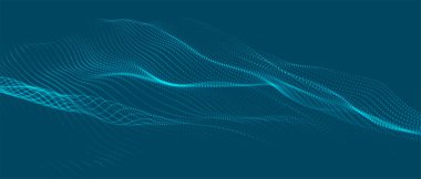 Parlayan noktaların dinamik dalgası. Parlak parçacıkların gelecekteki nokta dalgası. Dokuma efekti. Sunum tasarımı için fütüristik arka plan. Geniş biçim vektör illüstrasyonu.