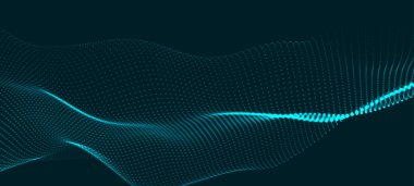 Parlayan noktaların dinamik dalgası. Parlak parçacıkların gelecekteki nokta dalgası. Dokuma efekti. Sunum tasarımı için fütüristik arka plan. Geniş biçim vektör illüstrasyonu.