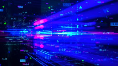 İletişim ağı konsepti. Dijital dönüşüm. Mühendislik, teknoloji simgeleriyle kodlama, numaralar ve ikili kod, büyük veriler. Veri akışı bilgisi. Dijital iletişim konsepti. 3B görüntüleme