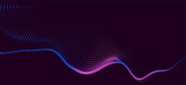 Dinamik renk dalgalı soyut bir arkaplan. Parlak parçacıkların gelecekteki noktalı dalgaları. Sunum tasarımı için renkli arkaplan. Geniş format vektör illüstrasyonu. Örgü efekti.