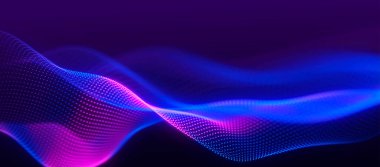 Dinamik renk dalgalı soyut bir arkaplan. Parlak parçacıkların gelecekteki noktalı dalgaları. Sunum tasarımı için renkli arkaplan. Geniş format vektör illüstrasyonu. Örgü efekti.