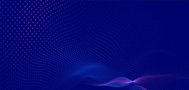Dinamik renk dalgalı soyut bir arkaplan. Parlak parçacıkların gelecekteki noktalı dalgaları. Sunum tasarımı için renkli arkaplan. Geniş format vektör illüstrasyonu. Örgü efekti.