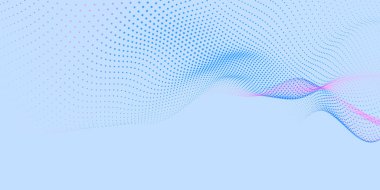 Dinamik renk dalgalı soyut bir arkaplan. Parlak parçacıkların gelecekteki noktalı dalgaları. Hafif arkaplan. Sunum tasarımı için renkli arkaplan. Geniş format vektör illüstrasyonu. Örgü efekti.