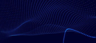 Dinamik renkli dalgalı soyut bir arkaplan. Parlak parçacıkların gelecekteki noktalı dalgaları. Karanlık arka plan. Sunum tasarımı için renkli arkaplan. Geniş format vektör illüstrasyonu. Görüşme.