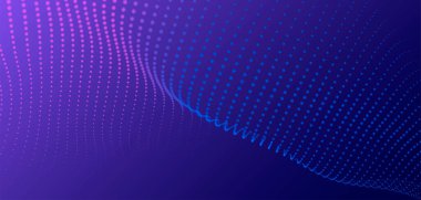 Dinamik renk dalgalı soyut bir arkaplan. Parlak parçacıkların gelecekteki noktalı dalgaları. Sunum tasarımı için renkli arkaplan. Geniş format vektör illüstrasyonu. Örgü efekti.