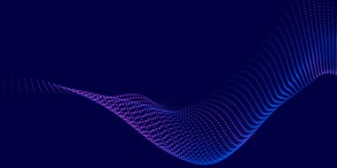 Dinamik renkli dalgalı soyut bir arkaplan. Parlak parçacıkların gelecekteki noktalı dalgaları. Karanlık arka plan. Sunum tasarımı için renkli arkaplan. Geniş format vektör illüstrasyonu. Örgü efekti