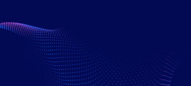 Dinamik renk dalgalı soyut bir arkaplan. Parlak parçacıkların gelecekteki noktalı dalgaları. Sunum tasarımı için renkli arkaplan. Geniş format vektör illüstrasyonu. Örgü efekti.