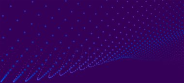 Dinamik renk dalgalı soyut bir arkaplan. Parlak parçacıkların gelecekteki noktalı dalgaları. Sunum tasarımı için renkli arkaplan. Geniş format vektör illüstrasyonu. Örgü efekti.