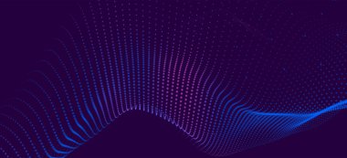 Dinamik renkli dalgalı soyut bir arkaplan. Parlak parçacıkların gelecekteki noktalı dalgaları. Karanlık arka plan. Sunum tasarımı için renkli arkaplan. Geniş format vektör illüstrasyonu. Örgü efekti