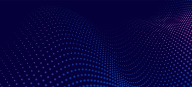 Dinamik renkli dalgalı soyut bir arkaplan. Parlak parçacıkların gelecekteki noktalı dalgaları. Karanlık arka plan. Sunum tasarımı için renkli arkaplan. Geniş format vektör illüstrasyonu. Örgü efekti