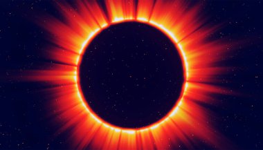 Güneş tutulmasının soyut çizimi - astronomik bir fenomen. Tam bir güneş tutulmasının arkaplanı. Renkli tonlarda. Galaksinin merkezinde büyük bir kara delik. Vektör illüstrasyonu.