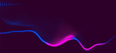 Dinamik renk dalgalı soyut bir arkaplan. Parlak parçacıkların gelecekteki noktalı dalgaları. Sunum tasarımı için renkli arkaplan. Geniş format 3D illüstrasyon. Örgü efekti.