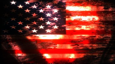 Grunge tarzı Amerikan bayrağı. Siyah arka planda Amerikan bayrağının klasik baskısı. Stylize Amerikan bayrağı. Tipografi, tişört grafikleri, poster, afiş, baskı, broşür, kartpostal. 3B görüntüleme