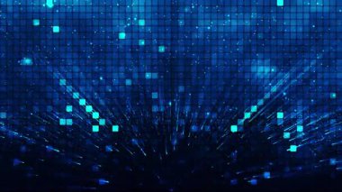 Işınlar ve hareket noktalarıyla soyut mavi arka plan. Işık ışınları ve şeffaf kare cam mozaik zemin üzerinde parlayan parçacıklarla soyut animasyon arka planı. Geometrik tasarım element animasyonu. 4k animasyon.