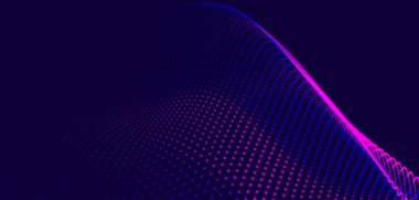 Dinamik renkli dalgalı soyut bir arkaplan. Parlak parçacıkların gelecekteki noktalı dalgaları. Karanlık arka plan. Sunum tasarımı için renkli arkaplan. Geniş format vektör illüstrasyonu. Görüşme.