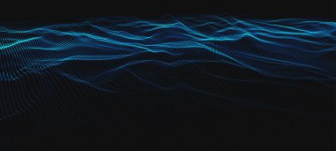 Dinamik renkli dalgalı soyut bir arkaplan. Parlak parçacıkların gelecekteki noktalı dalgaları. Karanlık arka plan. Sunum tasarımı için renkli arkaplan. Geniş format vektör illüstrasyonu. Görüşme.