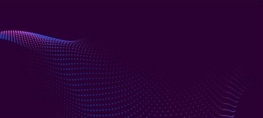 Dinamik renk dalgalı soyut bir arkaplan. Parlak parçacıkların gelecekteki noktalı dalgaları. Sunum tasarımı için renkli arkaplan. Geniş format vektör illüstrasyonu. Örgü efekti.