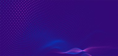 Dinamik renk dalgalı soyut bir arkaplan. Parlak parçacıkların gelecekteki noktalı dalgaları. Sunum tasarımı için renkli arkaplan. Geniş format vektör illüstrasyonu. Örgü efekti.