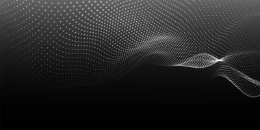 Dinamik siyah beyaz dalgalı soyut bir arka plan. Karanlık arka planda parlak parçacıkların gelecekteki noktalı dalgaları. Dokuma efekti. Sunum tasarımı için arka plan. Geniş biçim vektör illüstrasyonu.