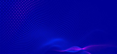 Dinamik renk dalgalı soyut bir arkaplan. Parlak parçacıkların gelecekteki noktalı dalgaları. Sunum tasarımı için renkli arkaplan. Geniş format 3D illüstrasyon. Örgü efekti.