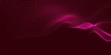 Dinamik renk dalgalı soyut bir arkaplan. Parlak parçacıkların gelecekteki noktalı dalgaları. Sunum tasarımı için renkli arkaplan. Geniş format 3D illüstrasyon. Örgü efekti.