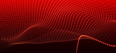 Dinamik renk dalgalı soyut bir arkaplan. Parlak parçacıkların gelecekteki noktalı dalgaları. Sunum tasarımı için renkli arkaplan. Geniş format 3D illüstrasyon. Örgü efekti.