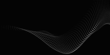 Dinamik siyah beyaz dalgalı soyut bir arka plan. Karanlık arka planda parlak parçacıkların gelecekteki noktalı dalgaları. Dokuma efekti. Sunum tasarımı için arka plan. Geniş biçim 3B illüstrasyon.