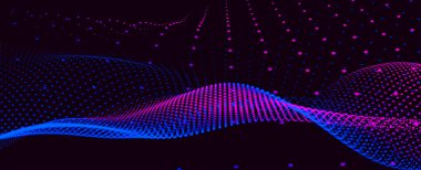 Dinamik renk dalgalı soyut bir arkaplan. Parlak parçacıkların gelecekteki noktalı dalgaları. Sunum tasarımı için renkli arkaplan. Geniş format 3D illüstrasyon. Örgü efekti.