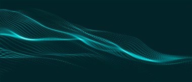 Dinamik renkli dalgalı soyut bir arkaplan. Parlak parçacıkların gelecekteki noktalı dalgaları. Sunum tasarımı için renkli arkaplan. Geniş format vektör illüstrasyonu. Pleksus etkisi.