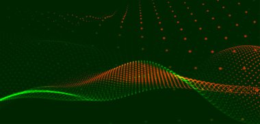 Dinamik renkli dalgalı soyut bir arkaplan. Parlak parçacıkların gelecekteki noktalı dalgaları. Sunum tasarımı için renkli arkaplan. Geniş format vektör illüstrasyonu. Pleksus etkisi.