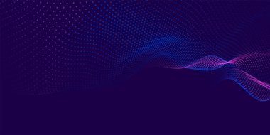 Dinamik renk dalgalı soyut bir arkaplan. Parlak parçacıkların gelecekteki noktalı dalgaları. Sunum tasarımı için renkli arkaplan. Geniş format vektör illüstrasyonu. Örgü efekti.