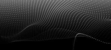 Dinamik siyah beyaz dalgalı soyut bir arka plan. Karanlık arka planda parlak parçacıkların gelecekteki noktalı dalgaları. Dokuma efekti. Sunum tasarımı için arka plan. Geniş biçim vektör illüstrasyonu.