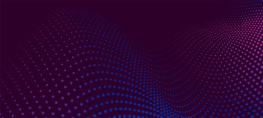 Dinamik renkli dalgalı soyut bir arkaplan. Parlak parçacıkların gelecekteki noktalı dalgaları. Karanlık arka plan. Sunum tasarımı için renkli arkaplan. Geniş format vektör illüstrasyonu. Örgü efekti