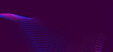 Dinamik renk dalgalı soyut bir arkaplan. Parlak parçacıkların gelecekteki noktalı dalgaları. Sunum tasarımı için renkli arkaplan. Geniş format 3D illüstrasyon. Örgü efekti.