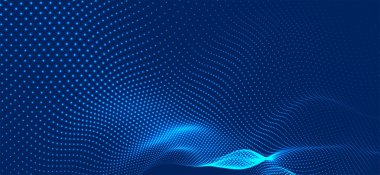 Dinamik renk dalgalı soyut bir arkaplan. Parlak parçacıkların gelecekteki noktalı dalgaları. Sunum tasarımı için renkli arkaplan. Geniş format 3D illüstrasyon. Örgü efekti.
