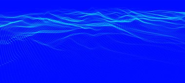 Dinamik renk dalgalı soyut bir arkaplan. Parlak parçacıkların gelecekteki noktalı dalgaları. Sunum tasarımı için renkli arkaplan. Geniş format 3D illüstrasyon. Örgü efekti.