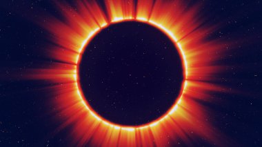 Güneş tutulmasının soyut çizimi - astronomik bir fenomen. Tam bir güneş tutulmasının arkaplanı. Renkli tonlarda. Galaksinin merkezinde büyük bir kara delik. 3B illüstrasyon