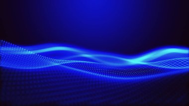 Dinamik renk dalgalı soyut bir arkaplan. Parlak parçacıkların gelecekteki noktalı dalgaları. Sunum tasarımı için renkli arkaplan. Geniş format 3D illüstrasyon. Örgü efekti.